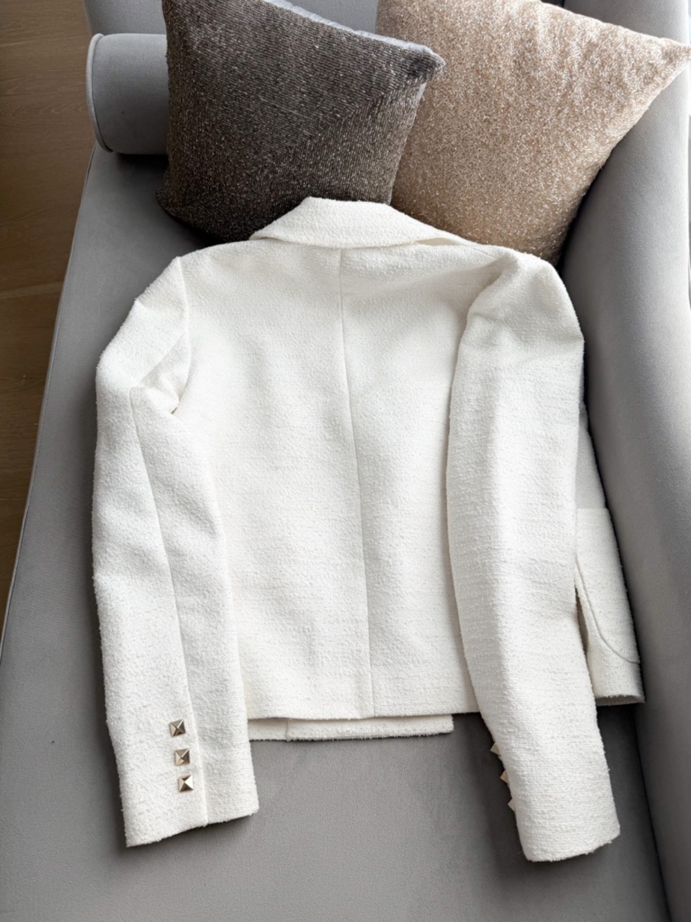 Valentino Cream Bouclé Double-Breasted Jacket with Gold Pyramid Buttons - Picture 8 of 16